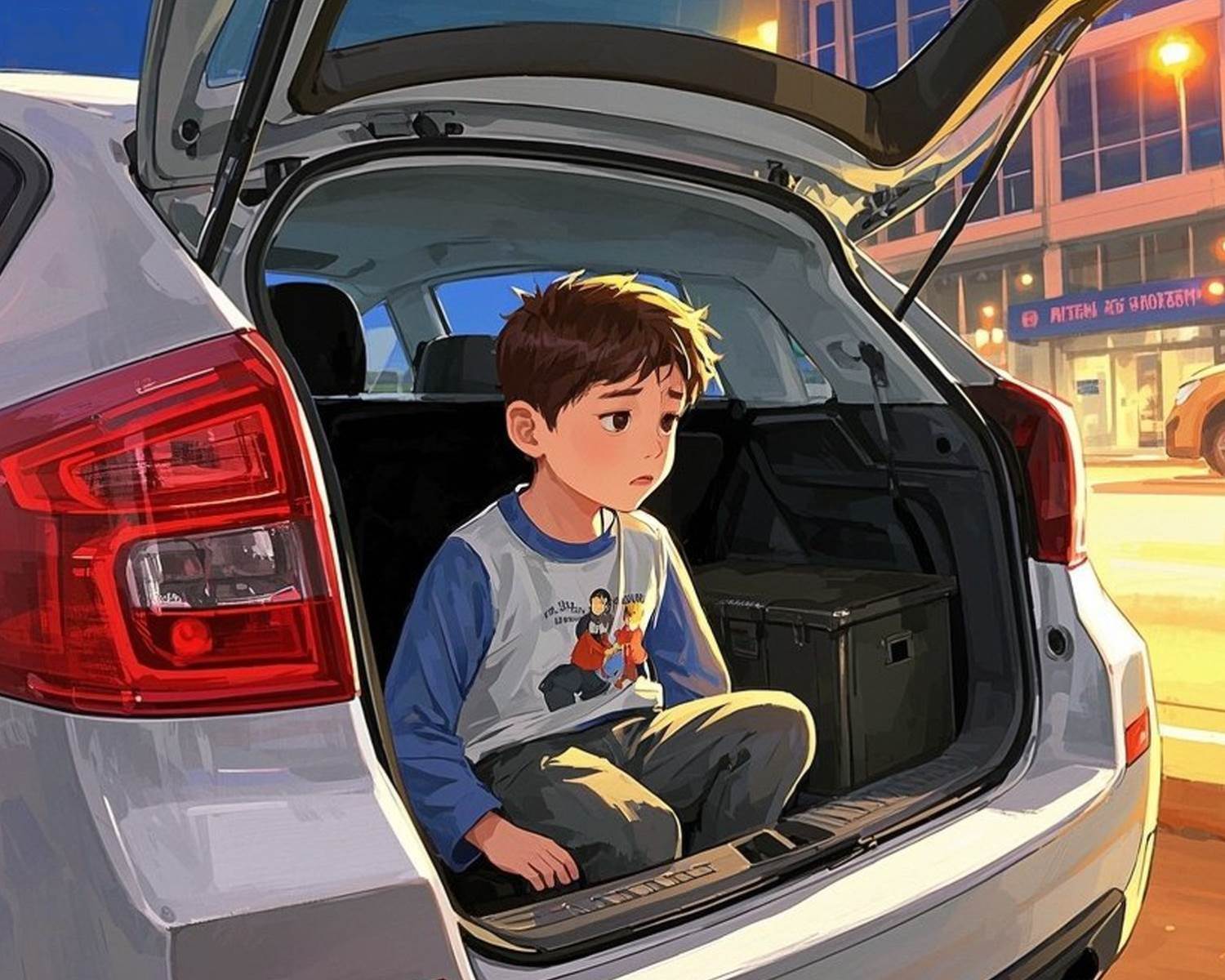 坐在后備箱的侄子