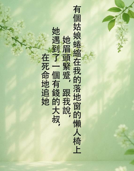 有個姑娘蜷縮在我的落地窗的懶人椅上  她眉頭緊蹙，跟我說，她遇到了一個有錢的大叔，在死命地追她