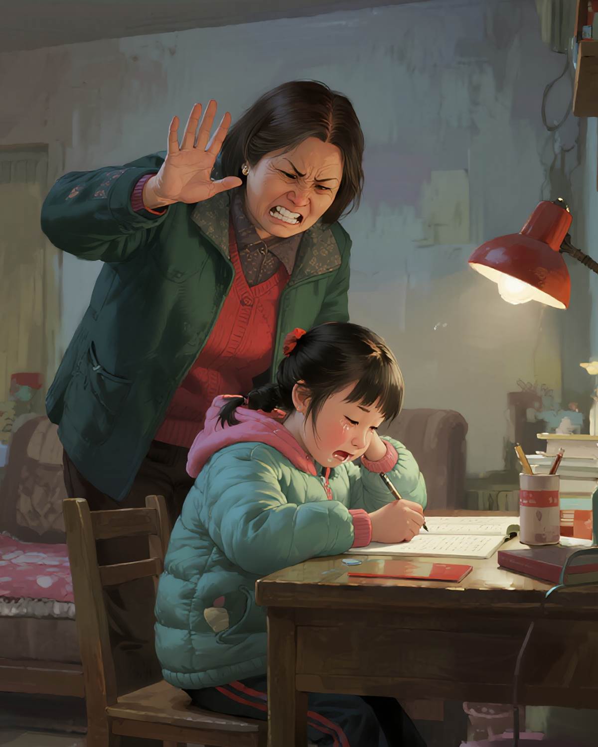 女兒寫作業睡著了，被奶奶狂扇巴掌